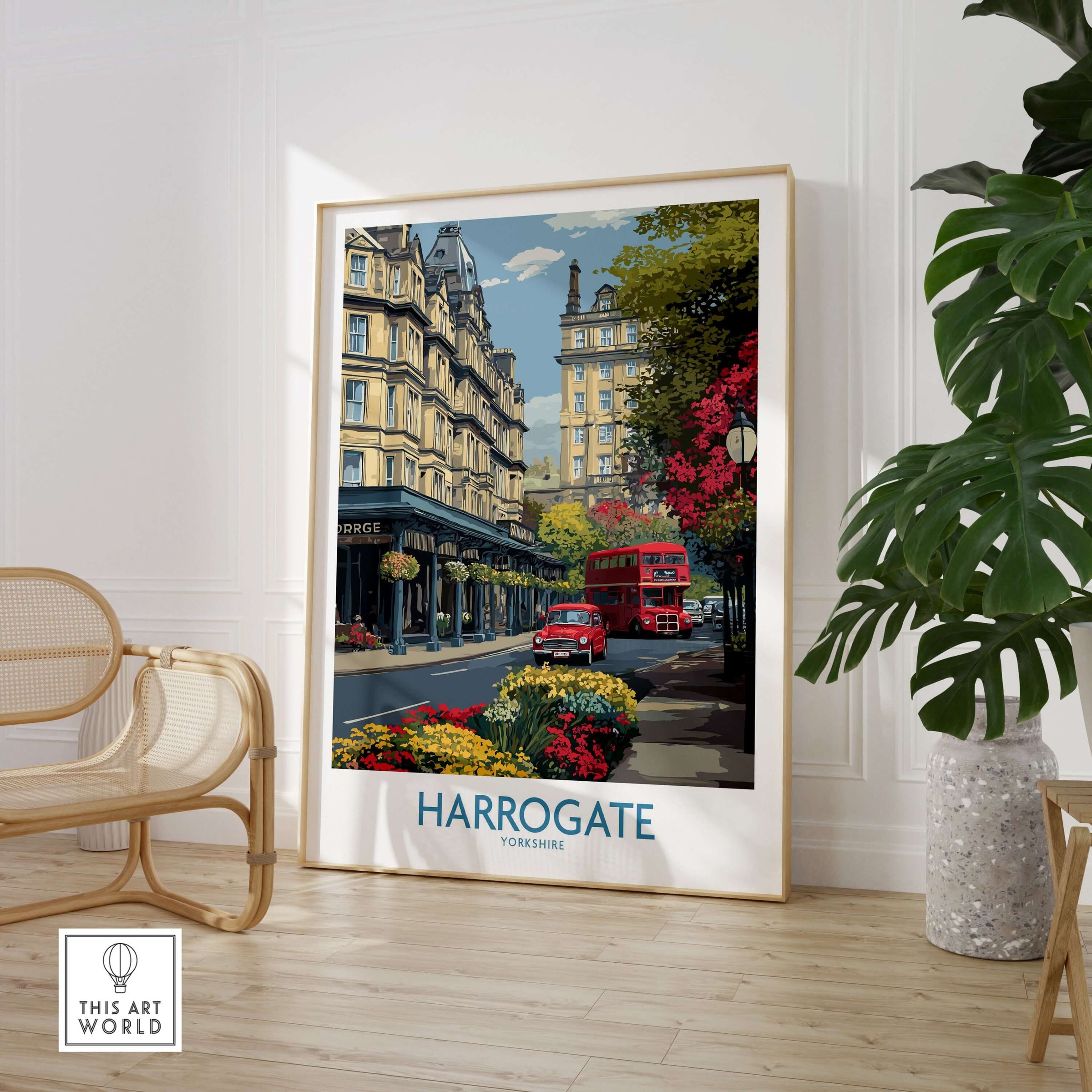 Harrogate Yorkshire Print | Floral Street Scene Poster displayed in a stylish interior with a red bus and floral elements.