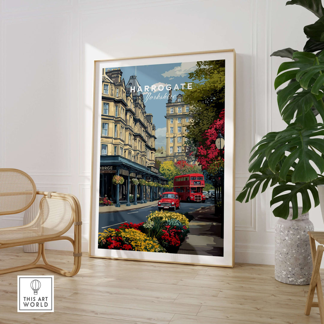 Harrogate Print | English City Wall Decor, depicting a vibrant street scene in Harrogate with a red bus.