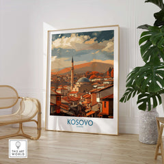 Kosovo Prizren Old Town Art Print | Historic Mosque View Poster displayed in a modern interior setting.