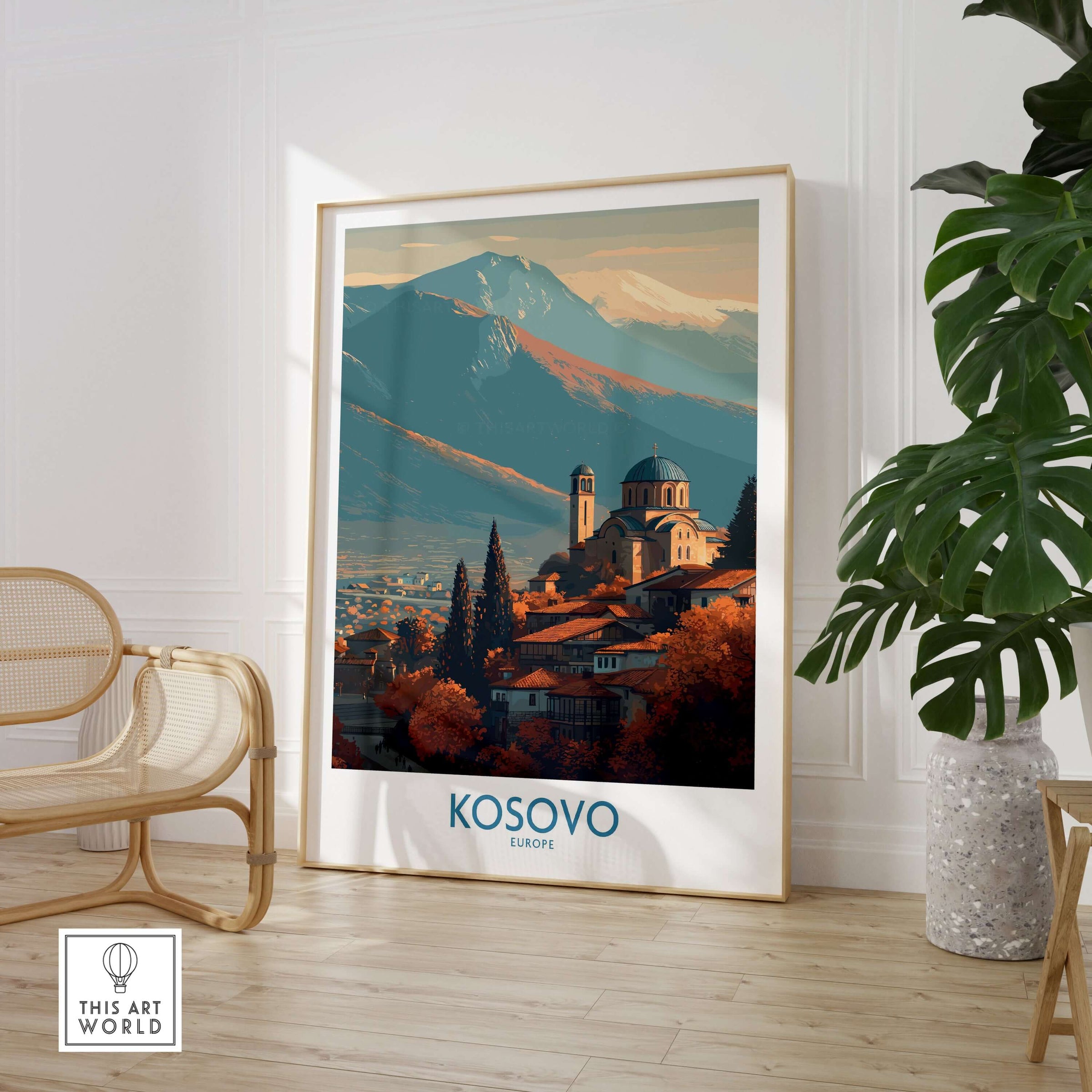 Kosovo Monastery and Mountains Art Print | Autumn Balkan Landscape Poster displayed in a stylish interior setting.