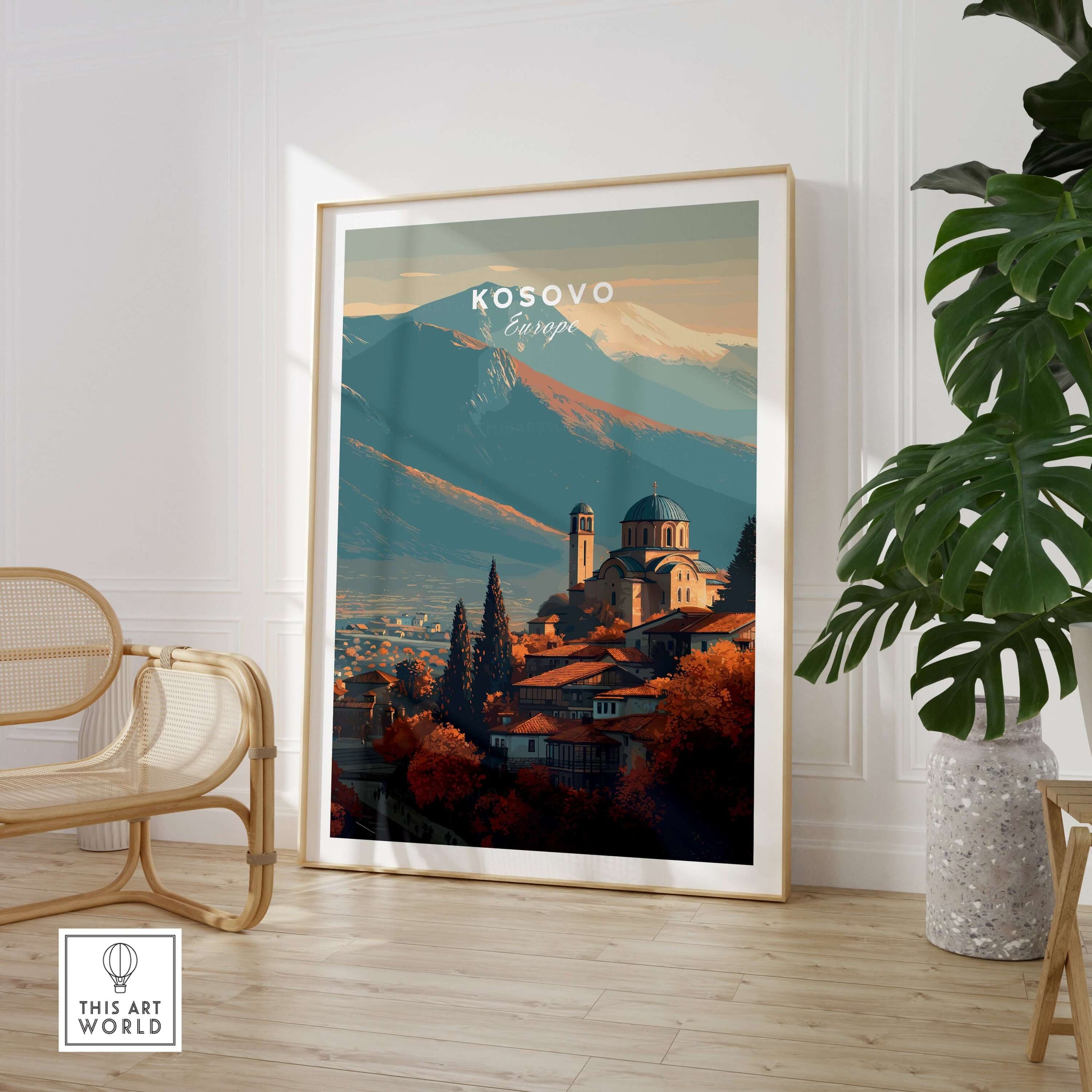 Kosovo Historic Church Hill View Canvas Print | European Wall Decor displayed in modern interior.