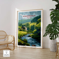 Nidderdale Stone Farmhouse and Stream Canvas Print | English Country Wall Decor displayed in a cozy living room.