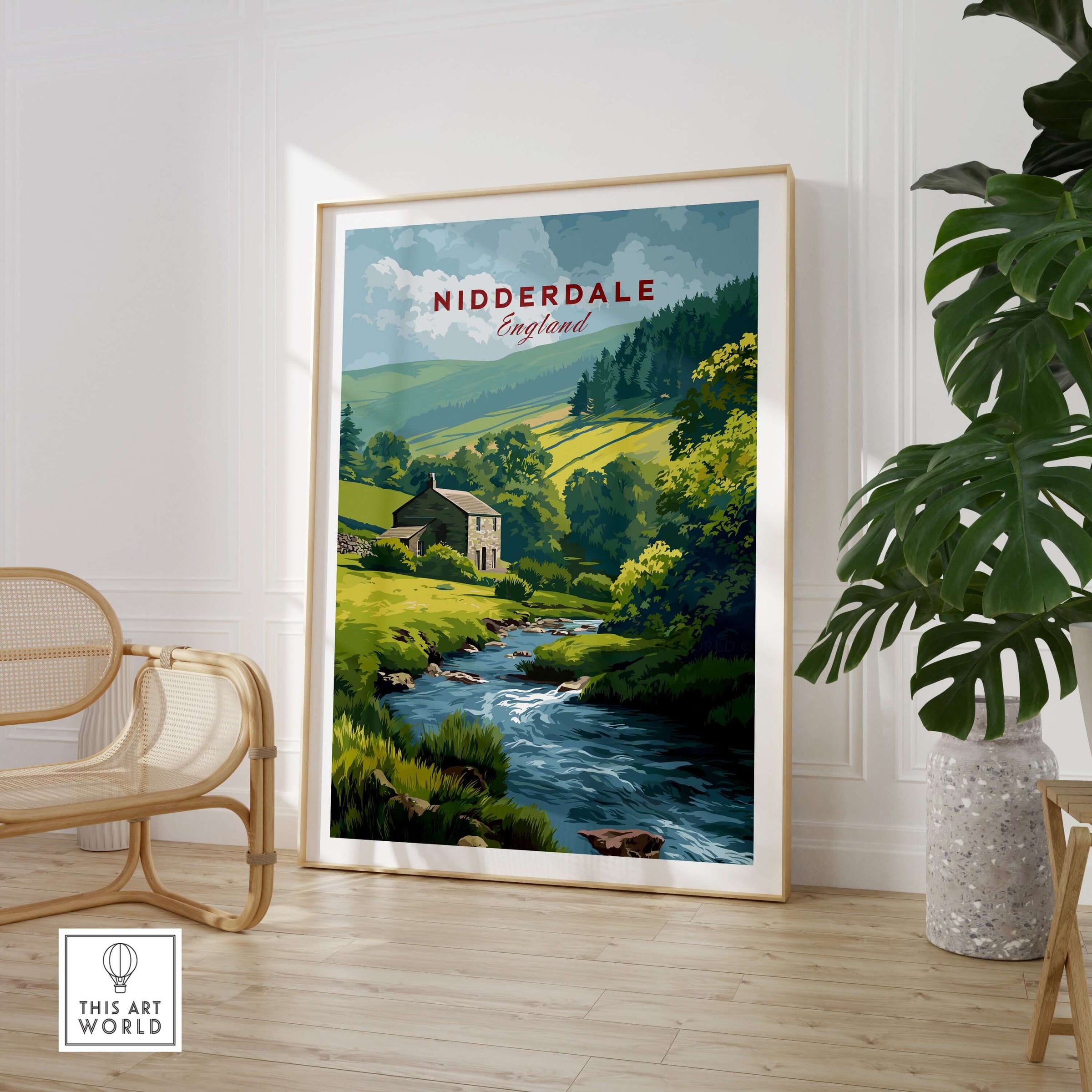 Nidderdale Stone Farmhouse and Stream Canvas Print | English Country Wall Decor displayed in a cozy living room.