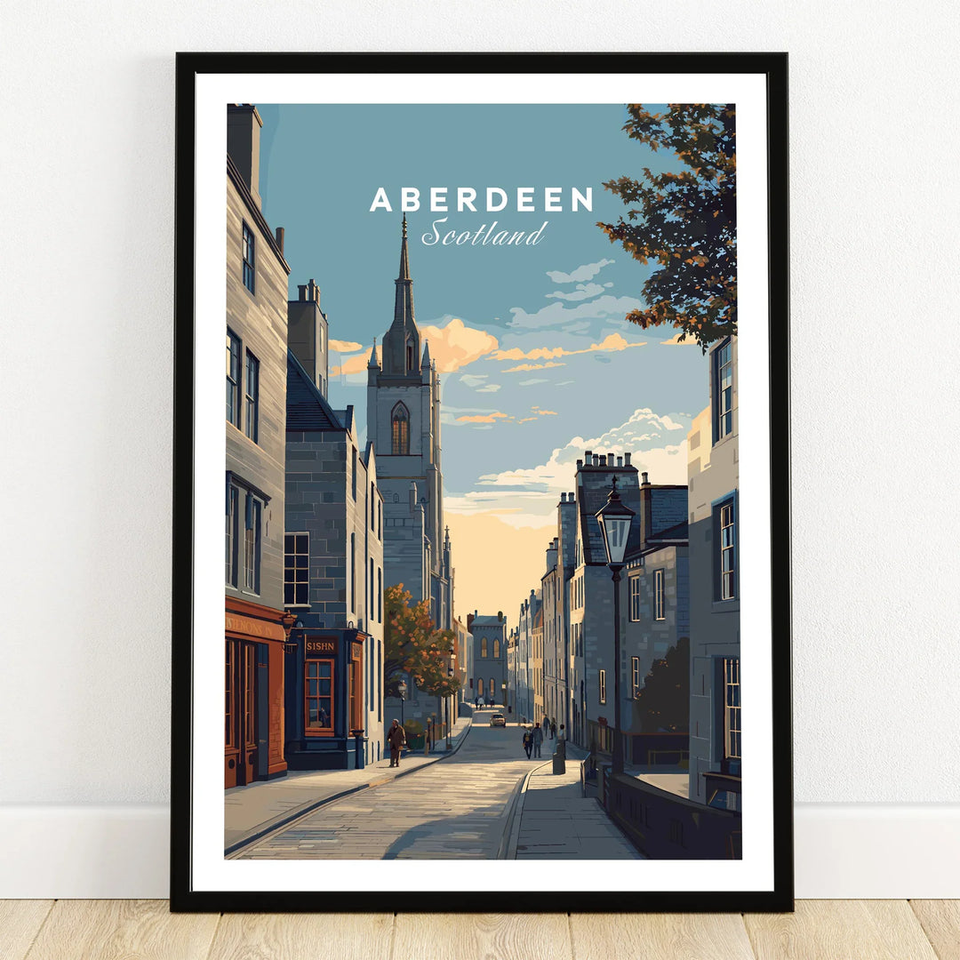 Aberdeen Scotland travel poster art print featuring historic street scene with church spire, ideal wall decor