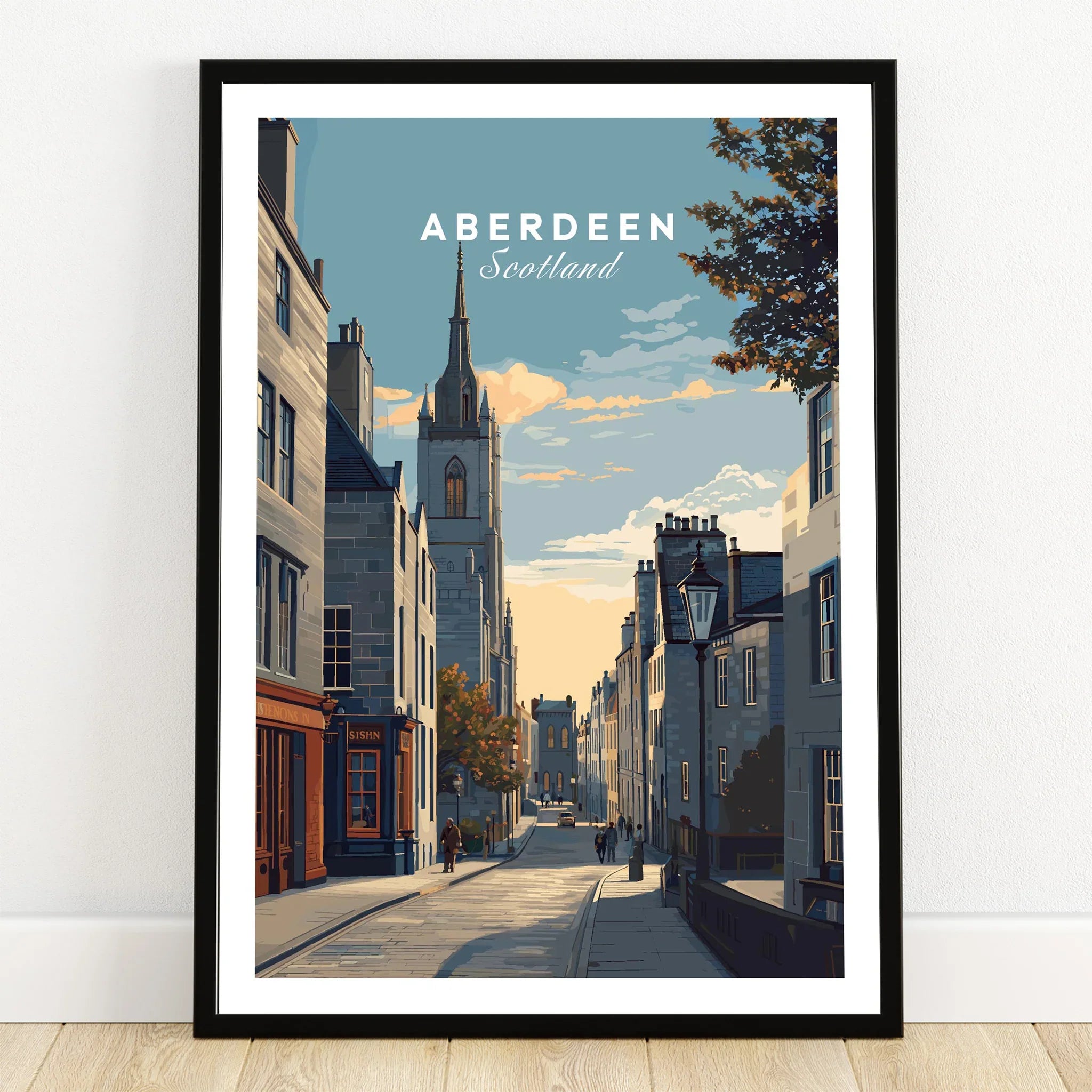 Aberdeen Scotland travel poster art print featuring historic street scene with church spire, ideal wall decor