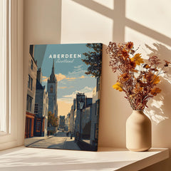 Aberdeen Scotland travel poster print on canvas, displayed on windowsill with dried flowers, ideal wall art decor