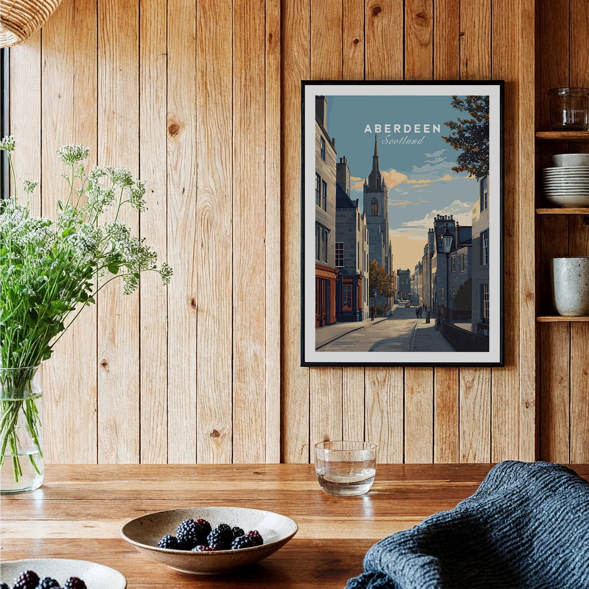 Aberdeen Scotland travel poster wall art featuring city skyline, perfect for home decor
