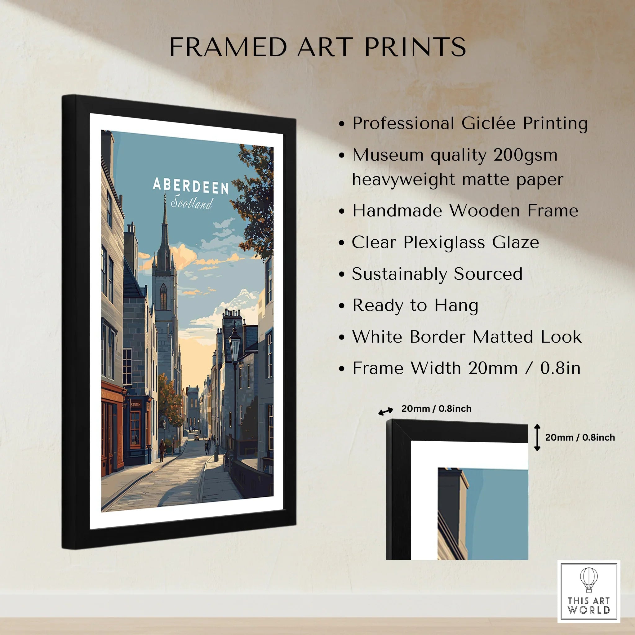 Framed Aberdeen Scotland travel poster art print with black frame and white mat, city skyline wall decor