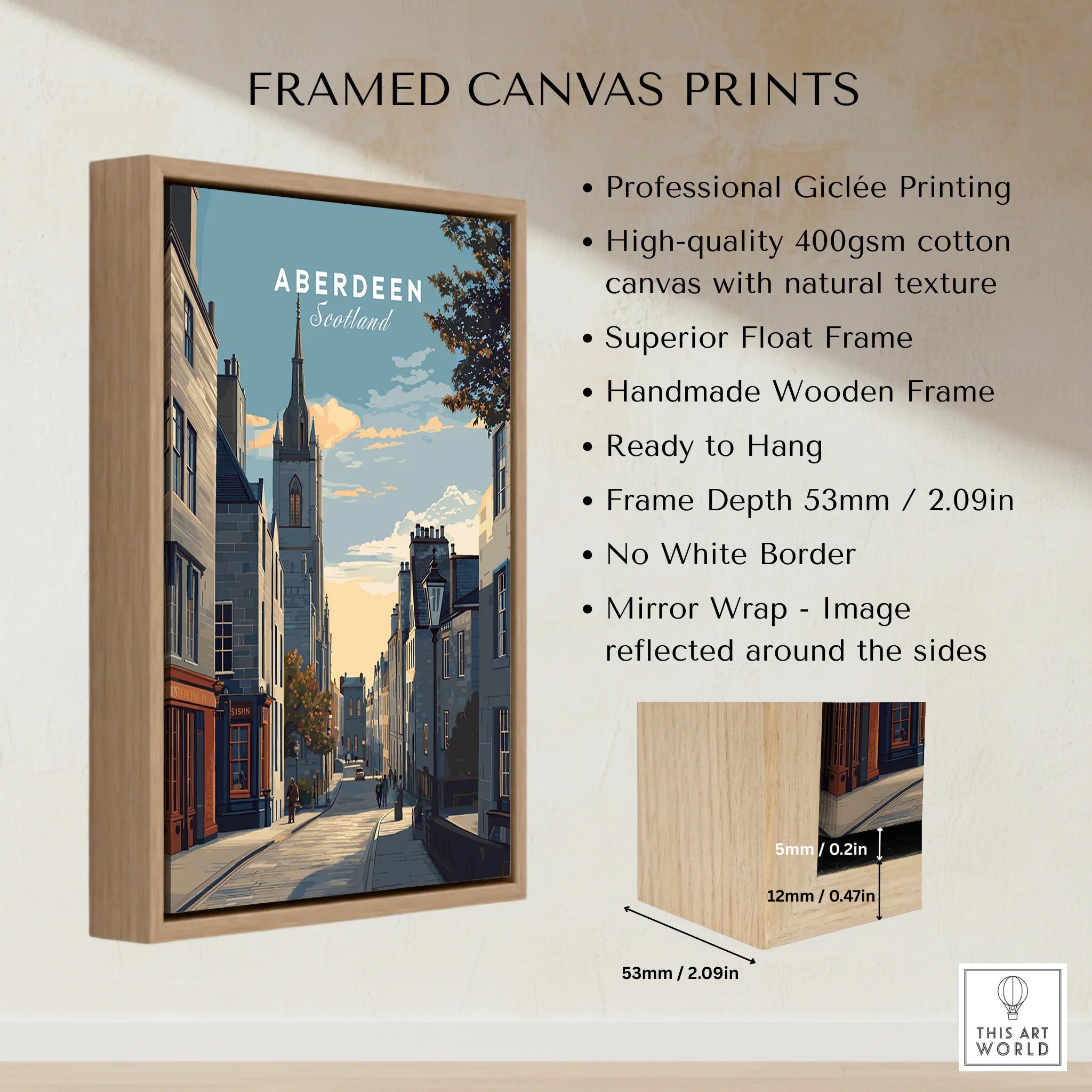 Aberdeen Scotland travel poster in wooden frame, city skyline wall art with church spire and street scene