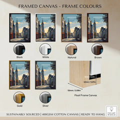Aberdeen Scotland travel poster in six frame colors: black, white, natural, brown, gold, silver — float frame canvas art