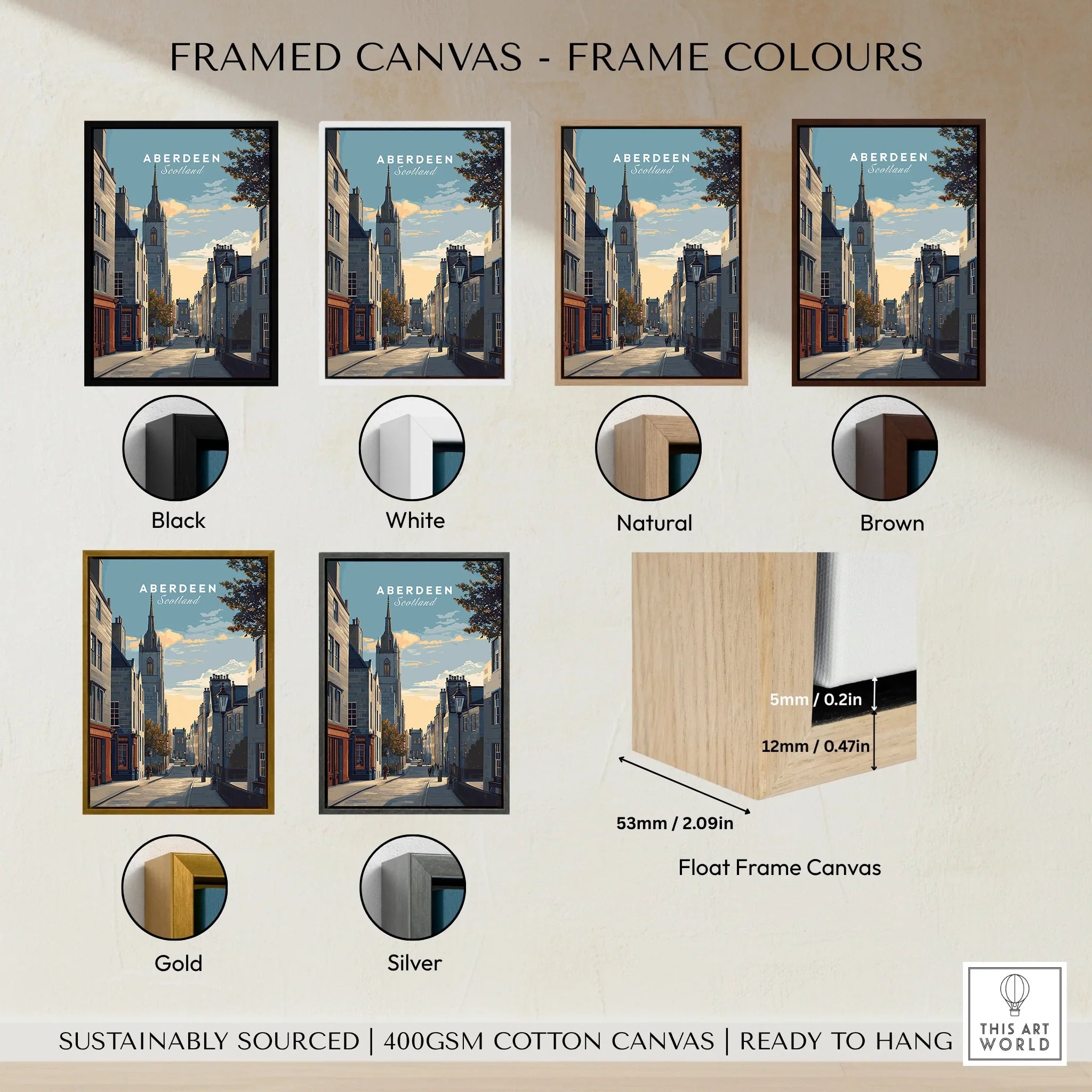 Aberdeen Scotland travel poster in six frame colors: black, white, natural, brown, gold, silver — float frame canvas art