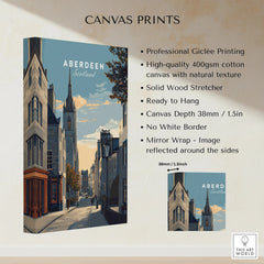 Aberdeen Scotland travel poster canvas print, city skyline wall art with historic buildings and church spire