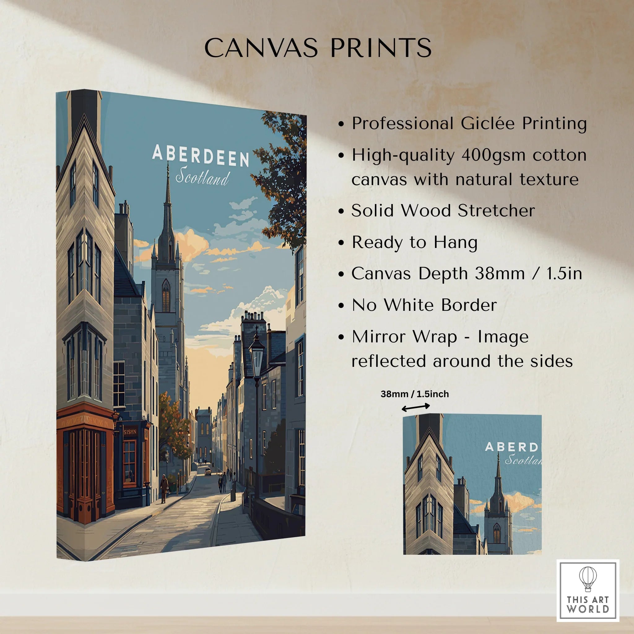 Aberdeen Scotland travel poster canvas print, city skyline wall art with historic buildings and church spire