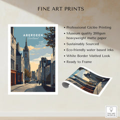 Aberdeen Scotland travel poster print with church spire, street scene, white border, ready to frame wall art