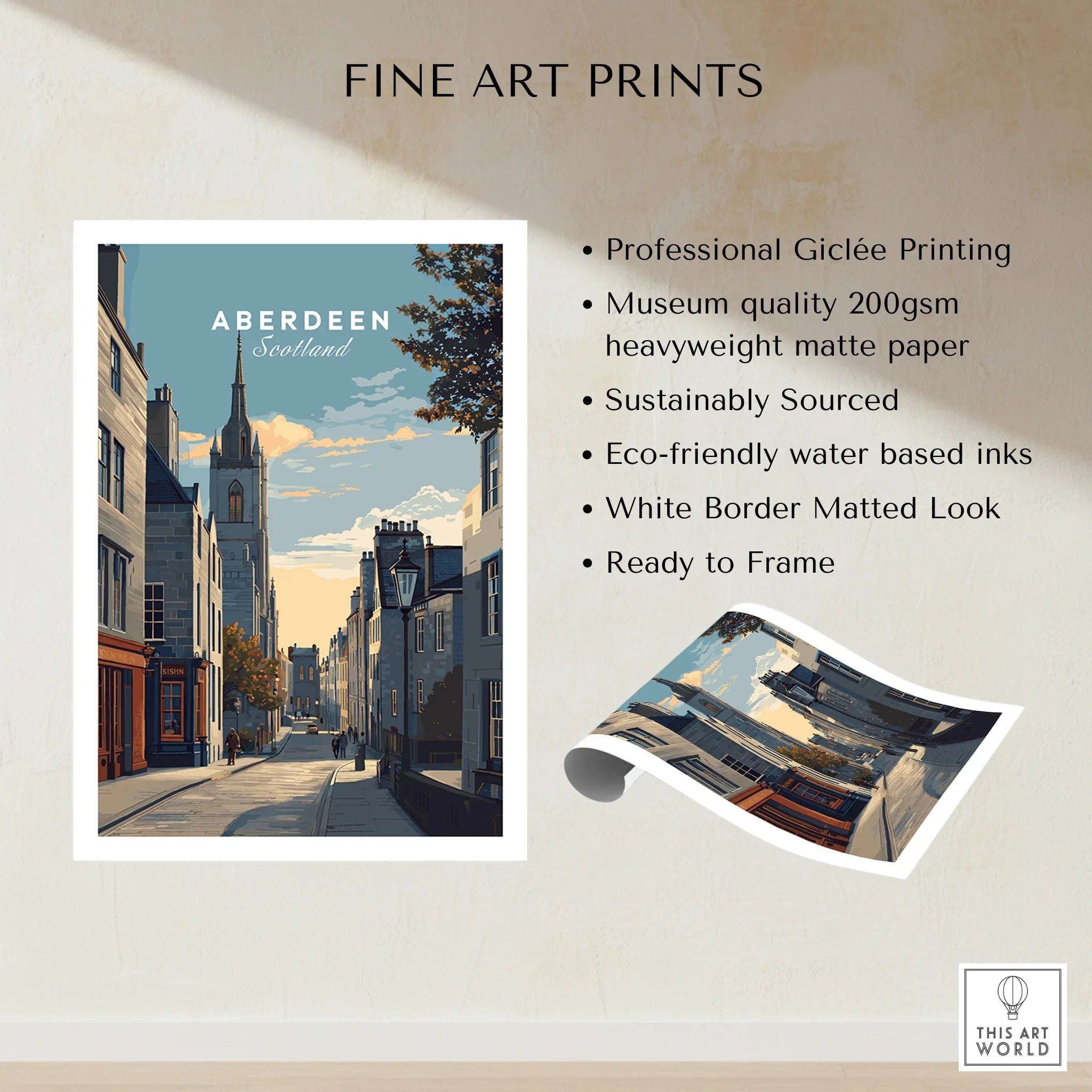 Aberdeen Scotland travel poster print with church spire, street scene, white border, ready to frame wall art