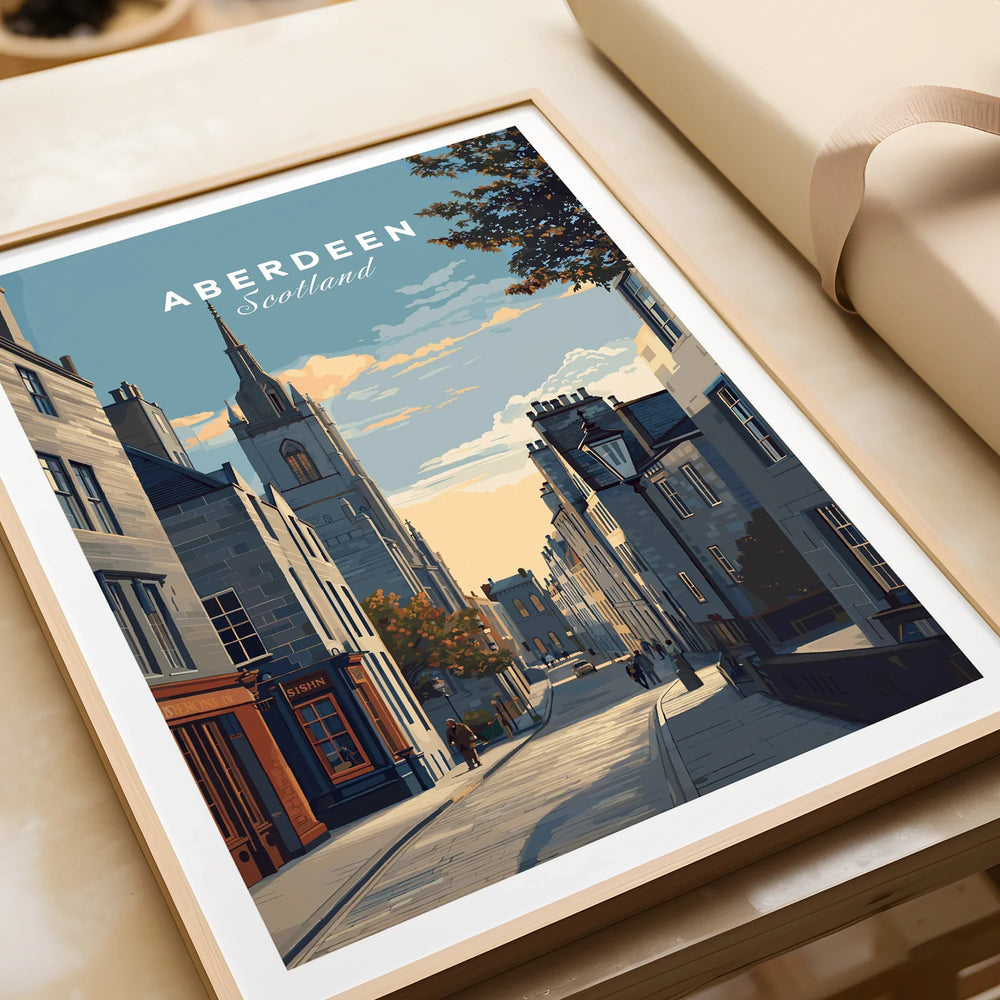 Aberdeen Scotland travel poster print with city skyline, historic buildings, and street scene in wooden frame