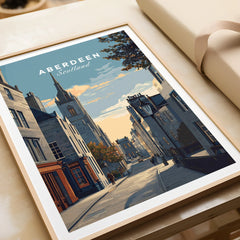 Aberdeen Scotland travel poster print with city skyline, historic buildings, and street scene in wooden frame