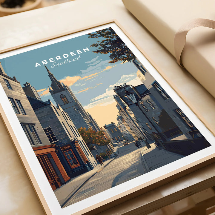 Aberdeen Scotland travel poster print with city skyline, historic buildings, and street scene in wooden frame
