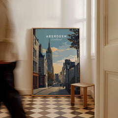 Aberdeen Scotland travel poster wall art featuring city skyline and historic street scene, perfect for home decor.