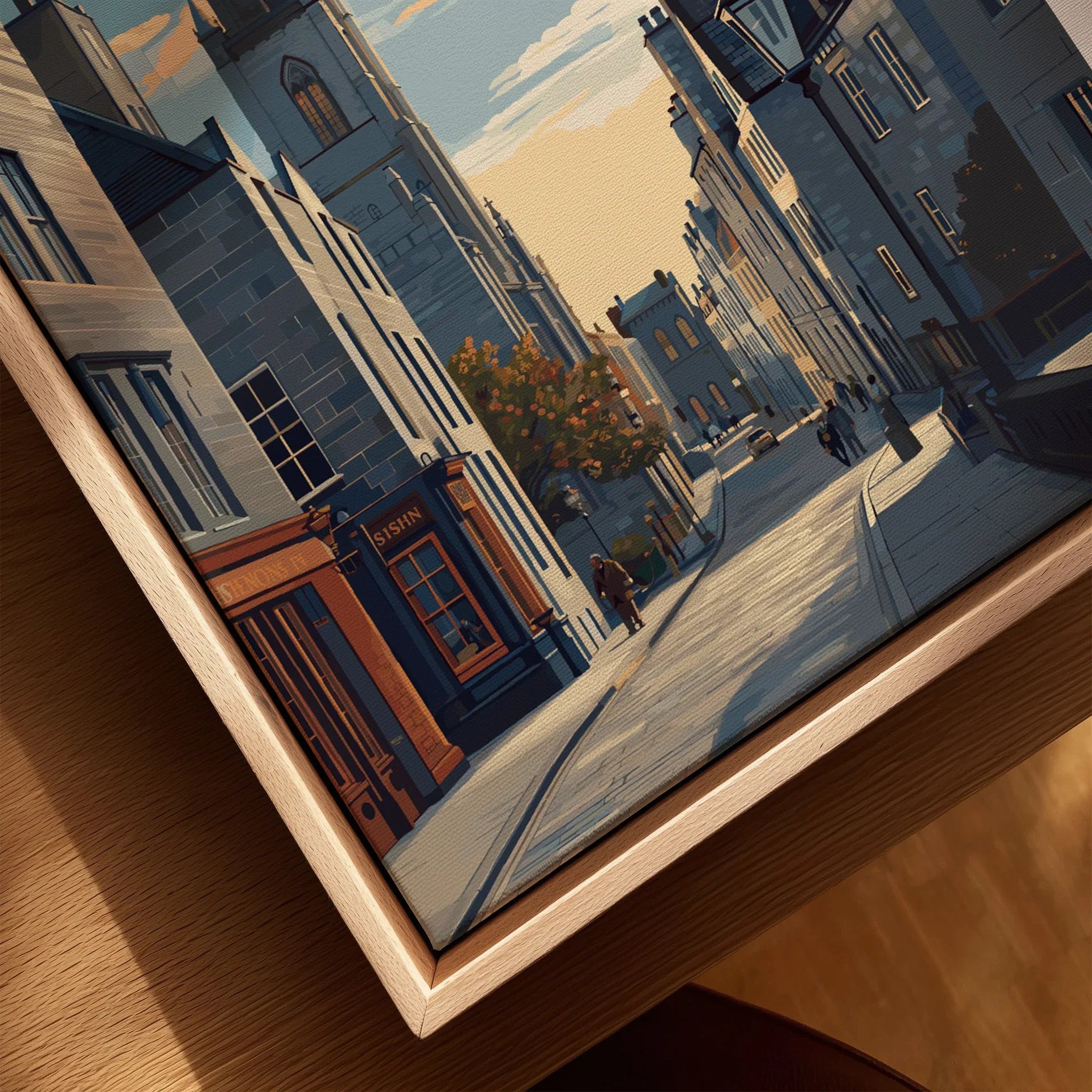 City skyline wall art print featuring historic streets, church spires, and autumn trees in wooden frame