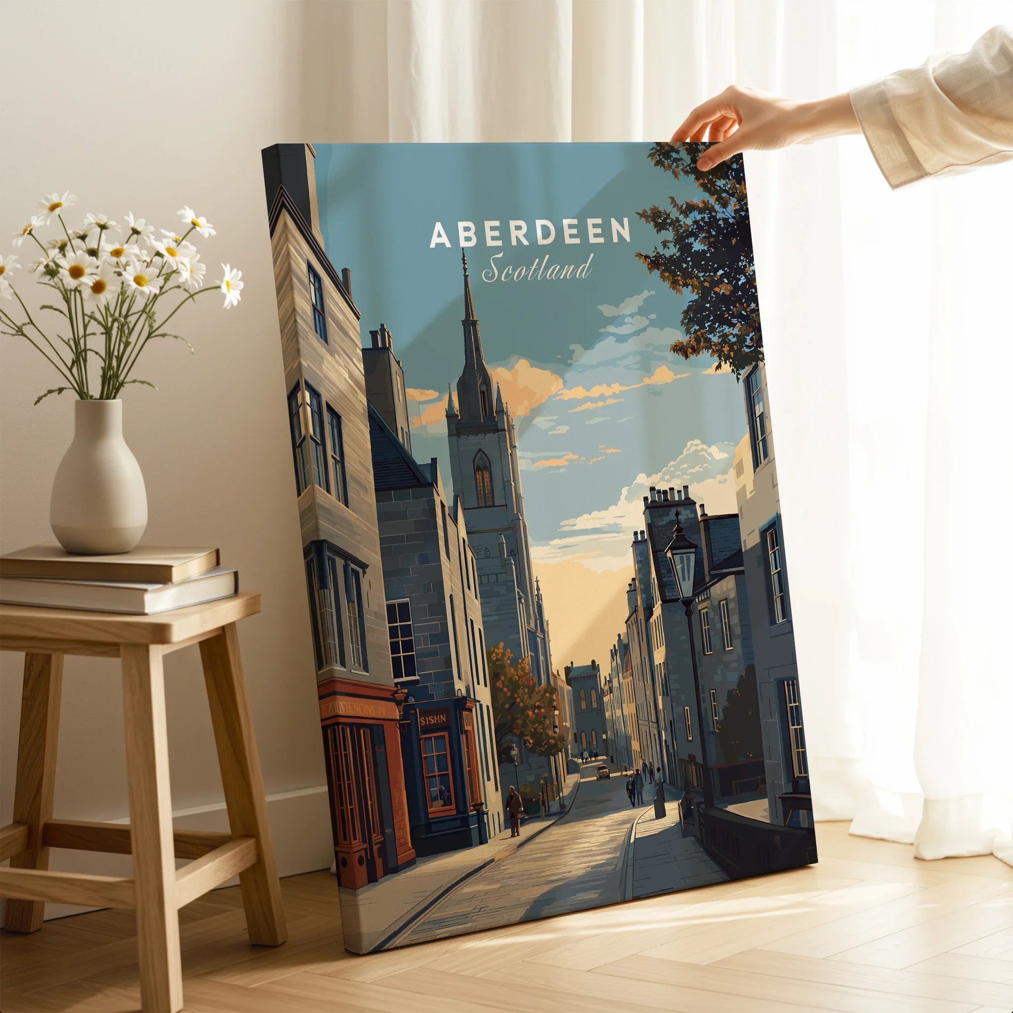 Aberdeen Scotland travel poster wall art with city skyline, perfect for home decor and travel enthusiasts.
