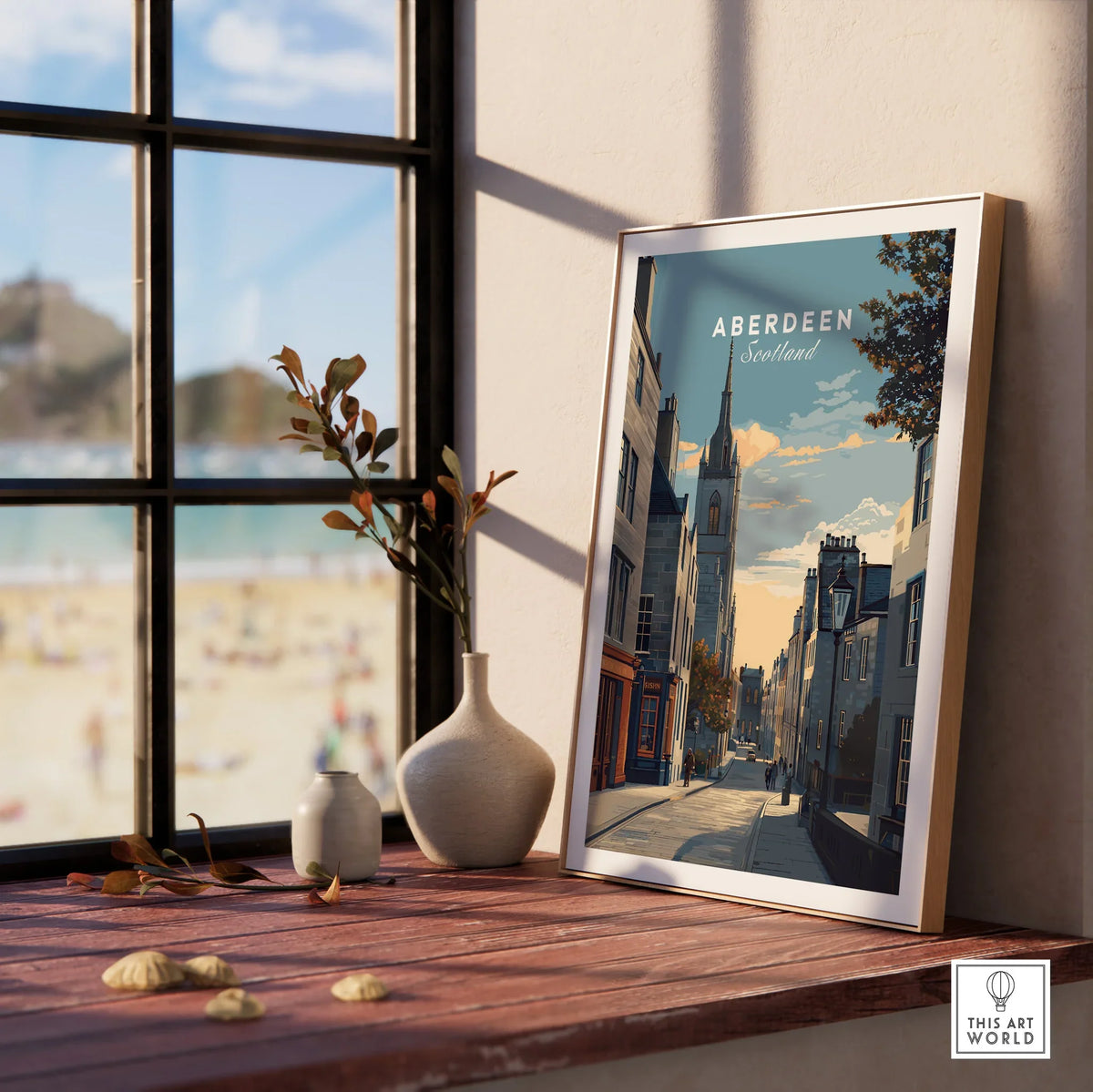 Aberdeen Scotland travel poster print, city skyline wall art, framed artwork for home decor