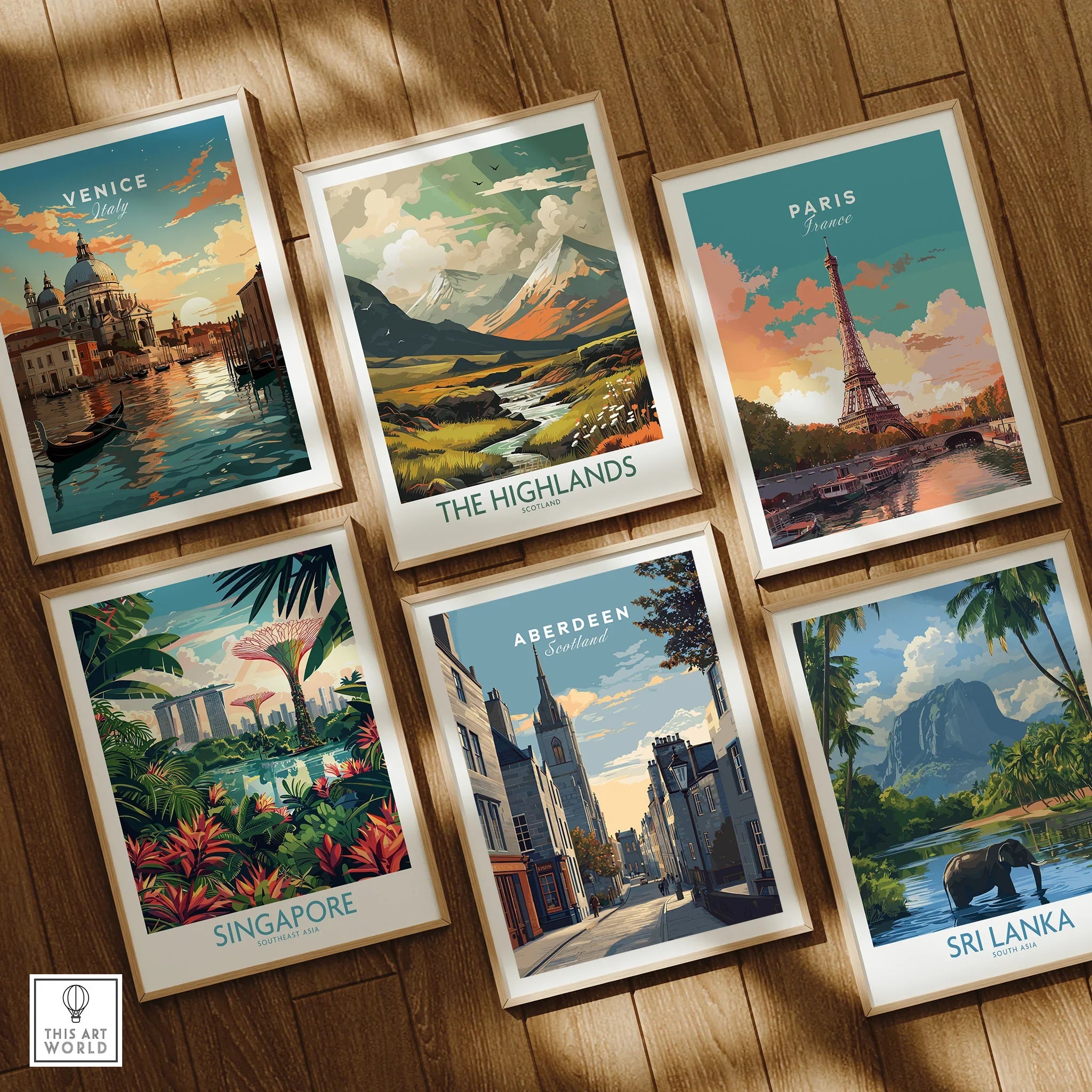 Framed travel posters of Venice, Paris, Highlands, Singapore, Aberdeen, Sri Lanka for wall art decor