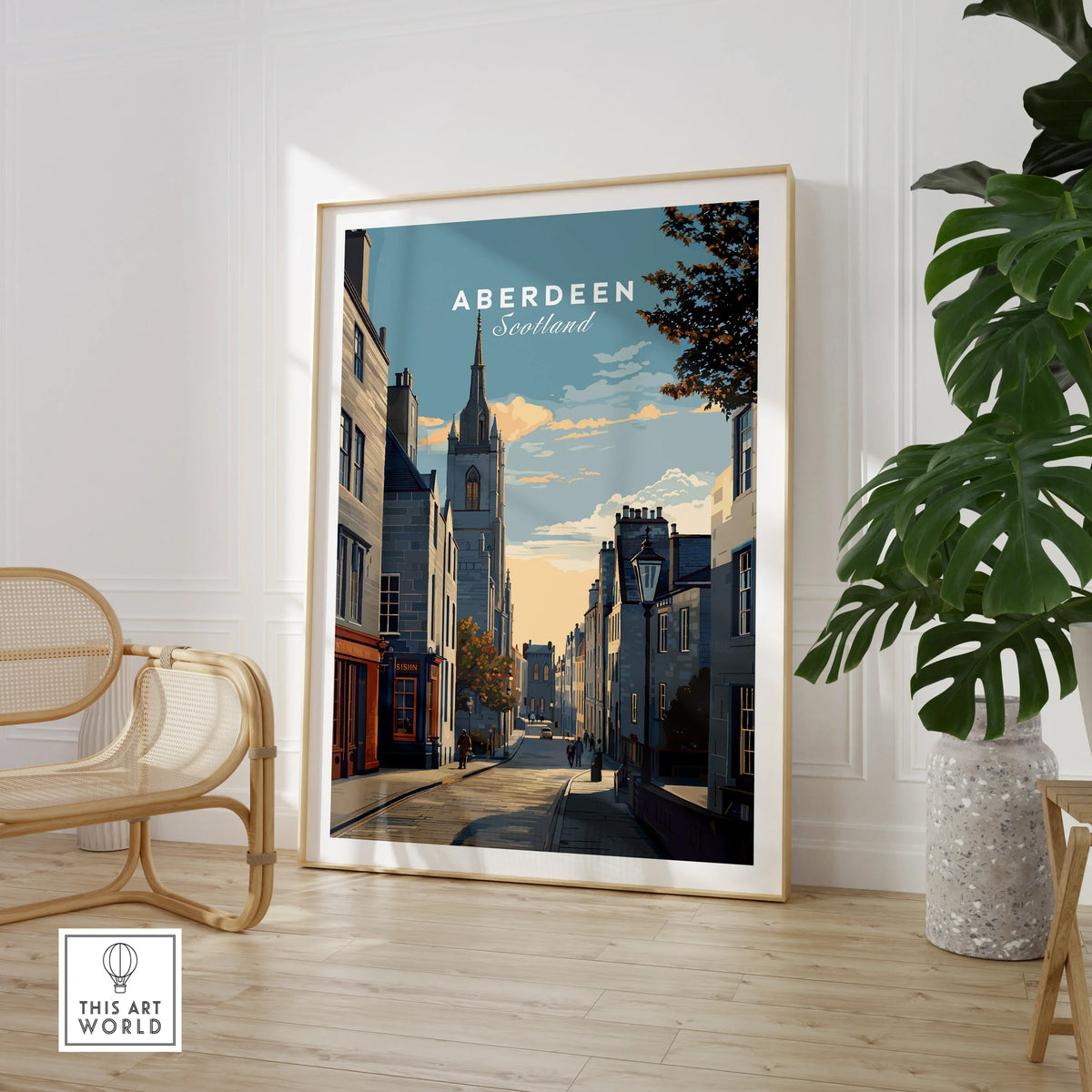 Aberdeen Scotland travel poster wall art featuring city skyline and historic streets, perfect for home decor