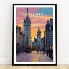 Aberdeen Scotland travel poster art print with city skyline, red bus, and sunset, perfect for home wall decor
