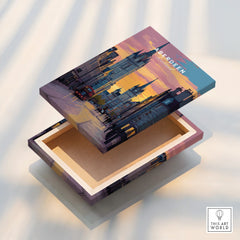 Aberdeen Scotland city skyline wall art print with sunset hues, perfect for travel-themed home decor.