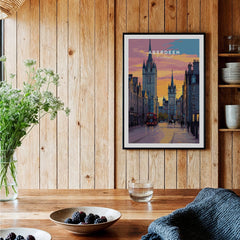 Aberdeen Scotland travel poster wall art with city skyline, red bus, and sunset, perfect for home decor
