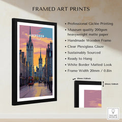 Framed Aberdeen Scotland travel poster art print with city skyline, sunset, and red bus for home decor