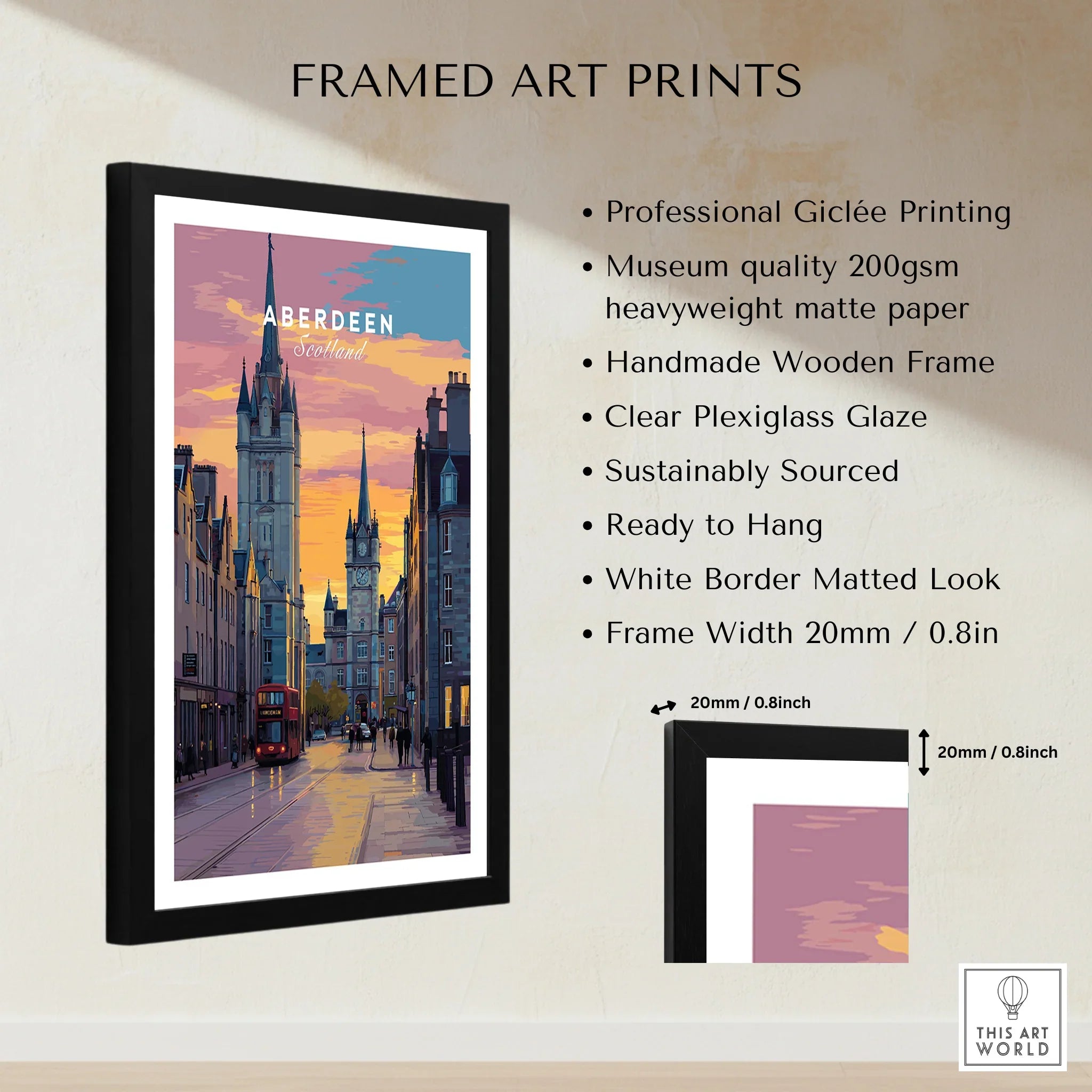 Framed Aberdeen Scotland travel poster art print with city skyline, sunset, and red bus for home decor