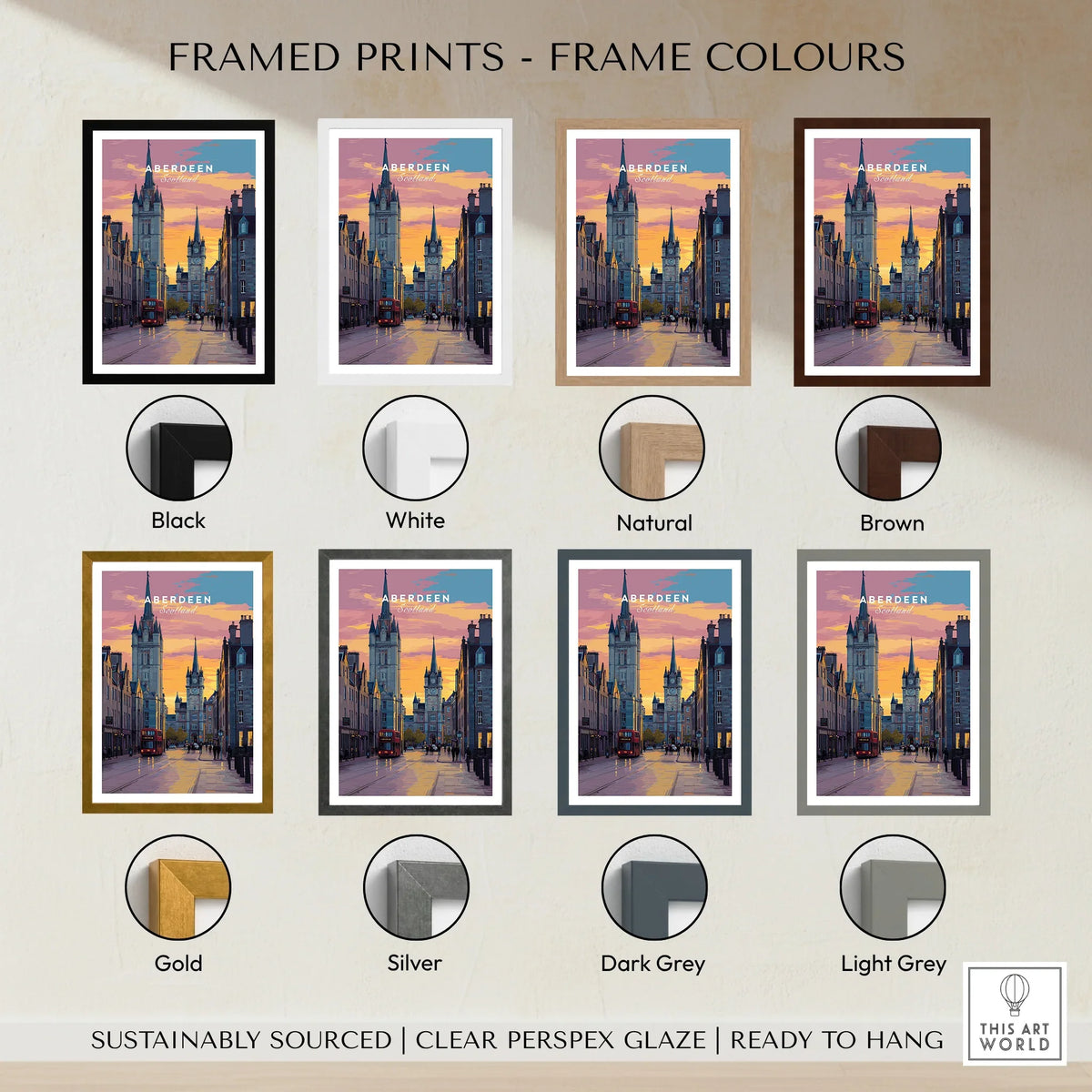 Aberdeen Scotland travel poster in eight frame colors: black, white, natural, brown, gold, silver, dark grey, light grey