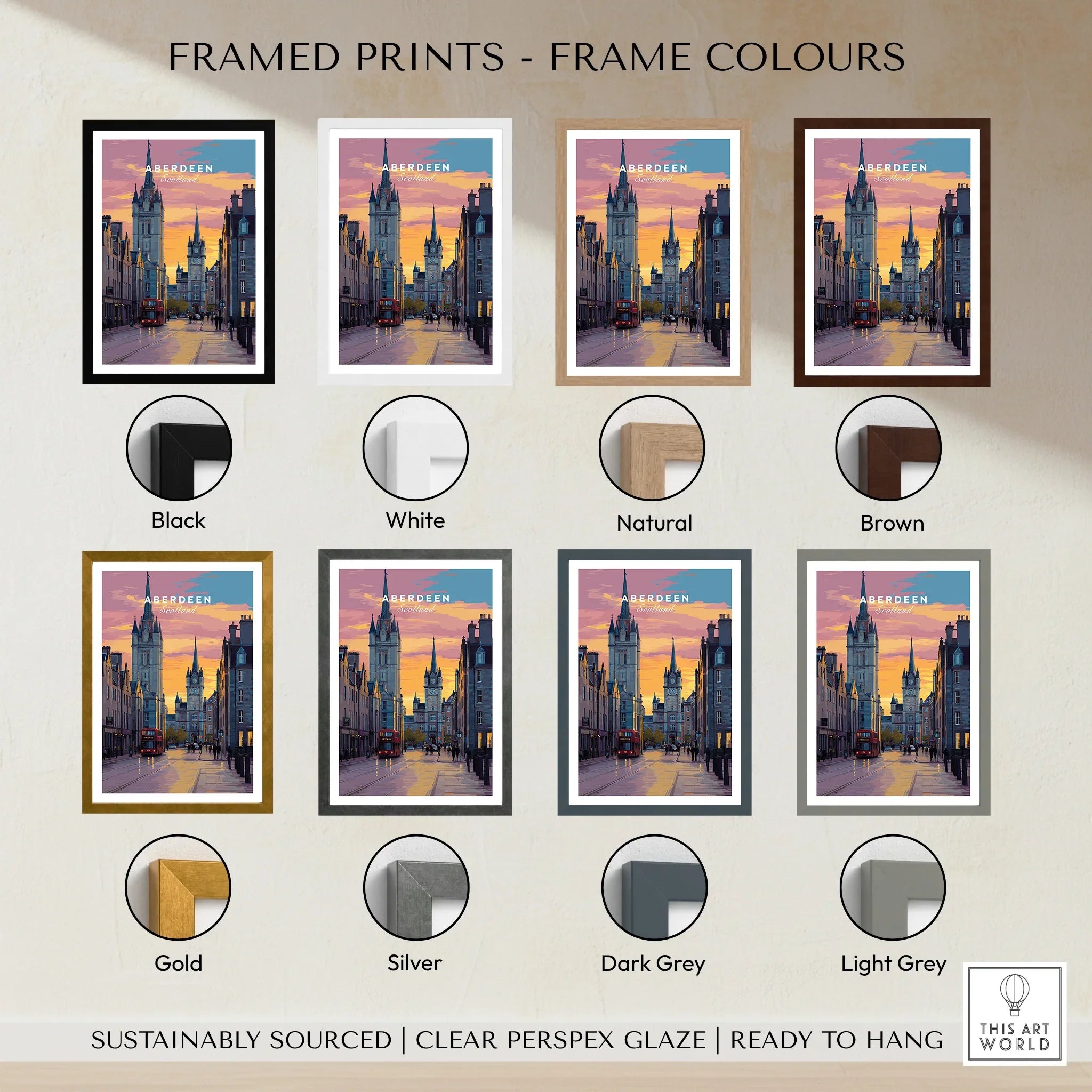 Aberdeen Scotland travel poster in eight frame colors: black, white, natural, brown, gold, silver, dark grey, light grey
