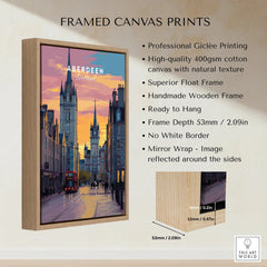 Framed canvas print of Aberdeen Scotland cityscape at sunset, featuring historic buildings and a red bus, perfect for travel wall art.