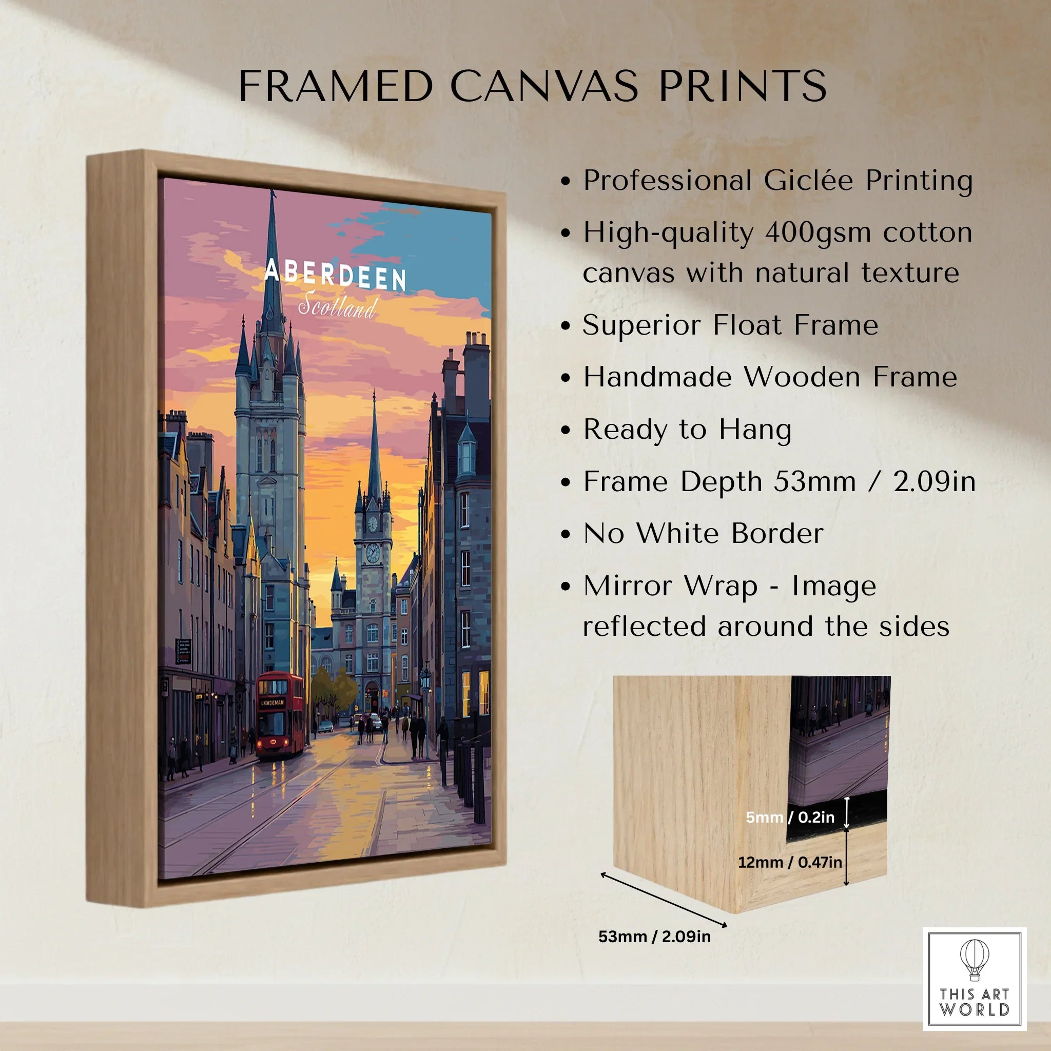 Framed canvas print of Aberdeen Scotland cityscape at sunset, featuring historic buildings and a red bus, perfect for travel wall art.