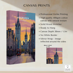 Aberdeen Scotland cityscape canvas print with sunset sky, red bus, and historic spires, ready to hang wall art.