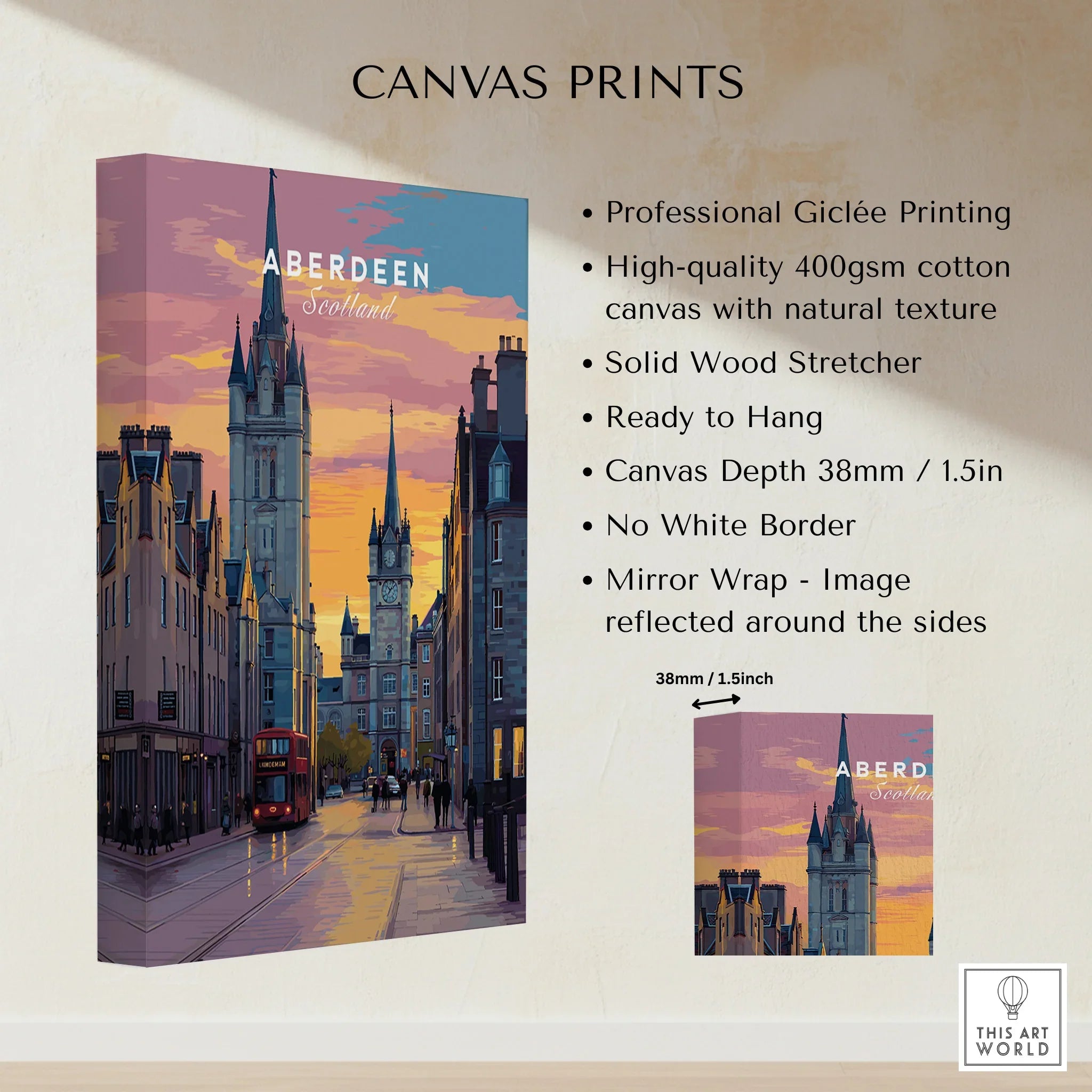Aberdeen Scotland cityscape canvas print with sunset sky, red bus, and historic spires, ready to hang wall art.