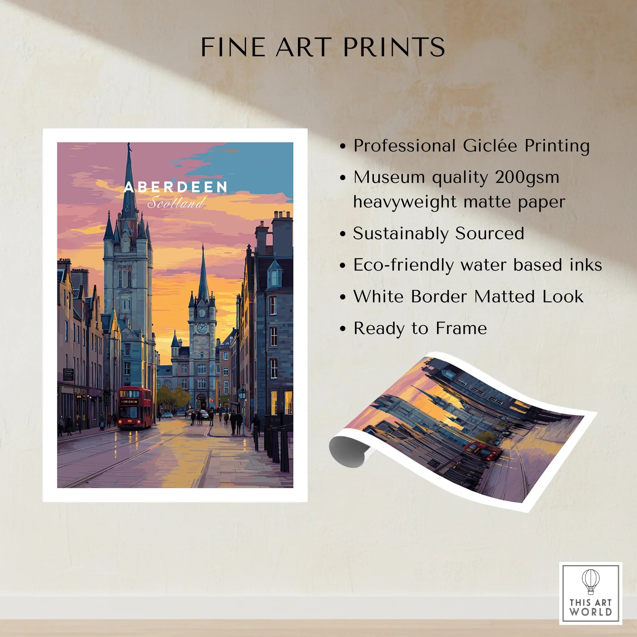 Aberdeen Scotland cityscape fine art print with sunset skyline, red bus, and historic towers, ready to frame