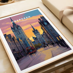 Aberdeen Scotland travel poster with city skyline, red bus, and sunset, framed wall art for home decor