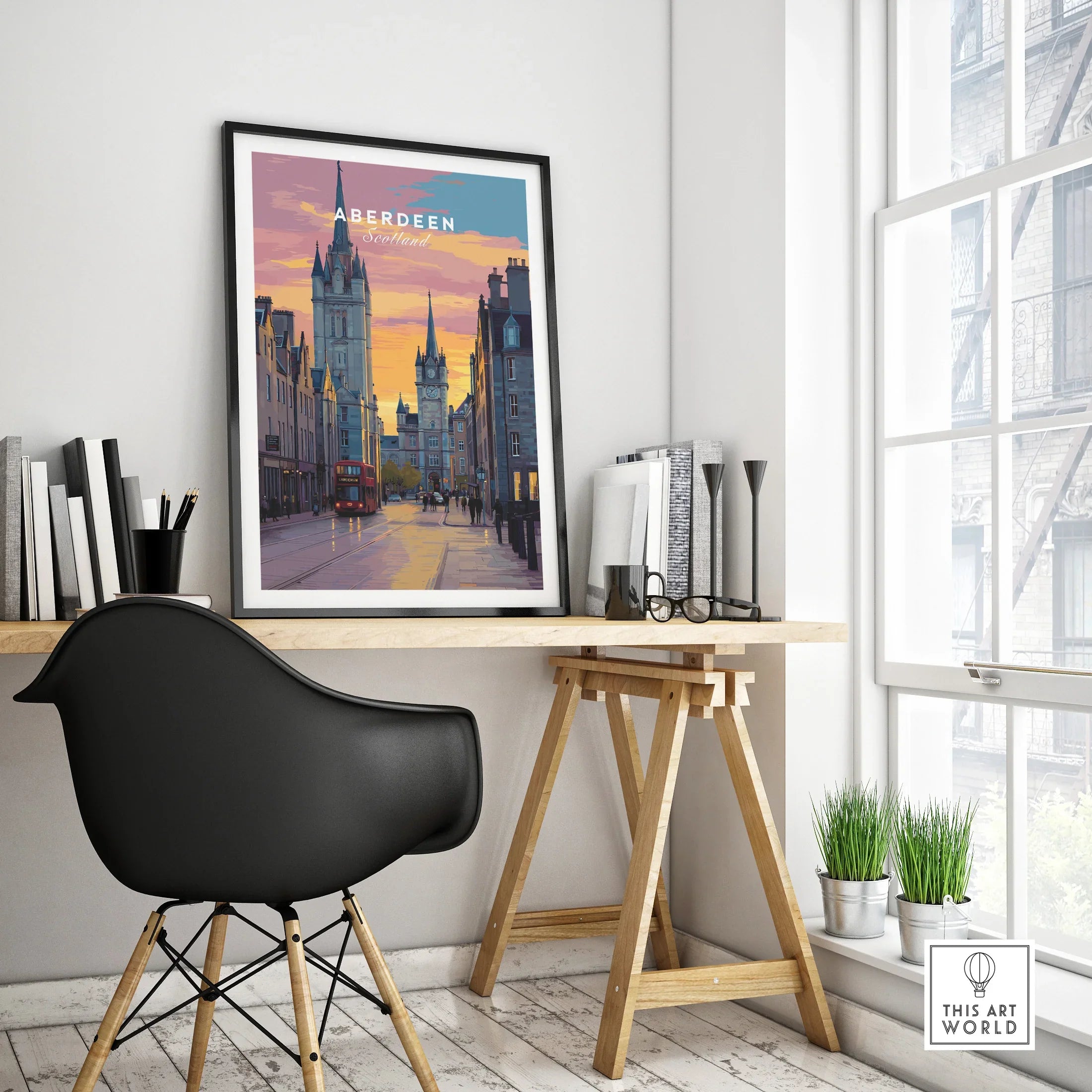 Aberdeen Scotland travel poster print with city skyline, red bus, and sunset, perfect for home wall art decor.