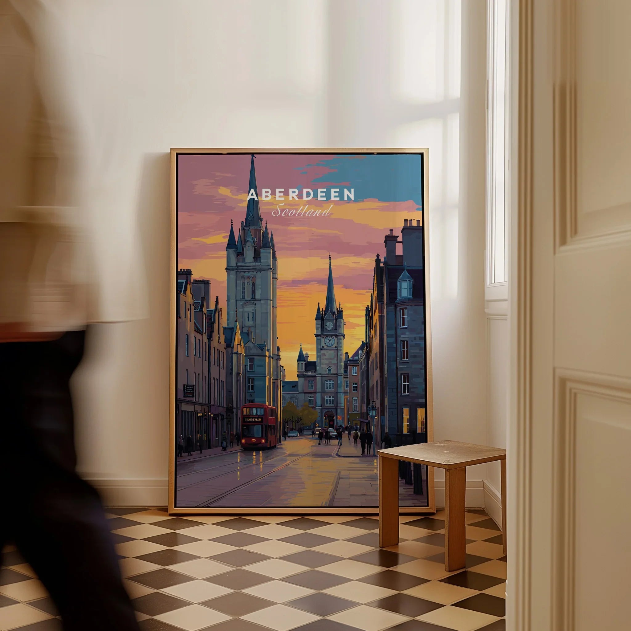 Aberdeen Scotland city skyline wall art print with sunset, red bus, and historic towers for home decor
