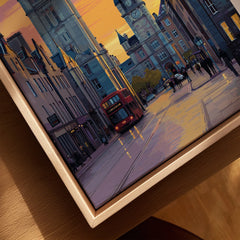 City skyline wall art featuring red double-decker bus at sunset, perfect for home decor