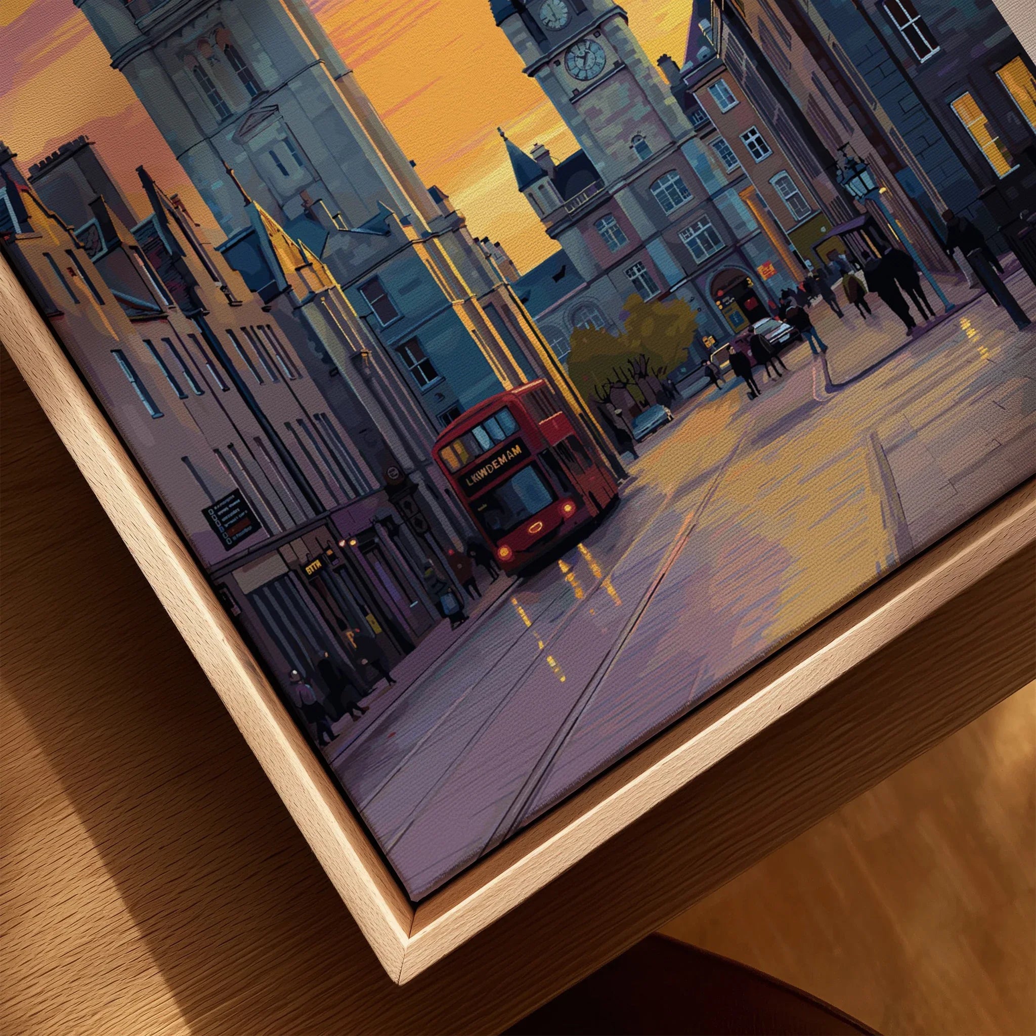 City skyline wall art featuring red double-decker bus at sunset, perfect for home decor