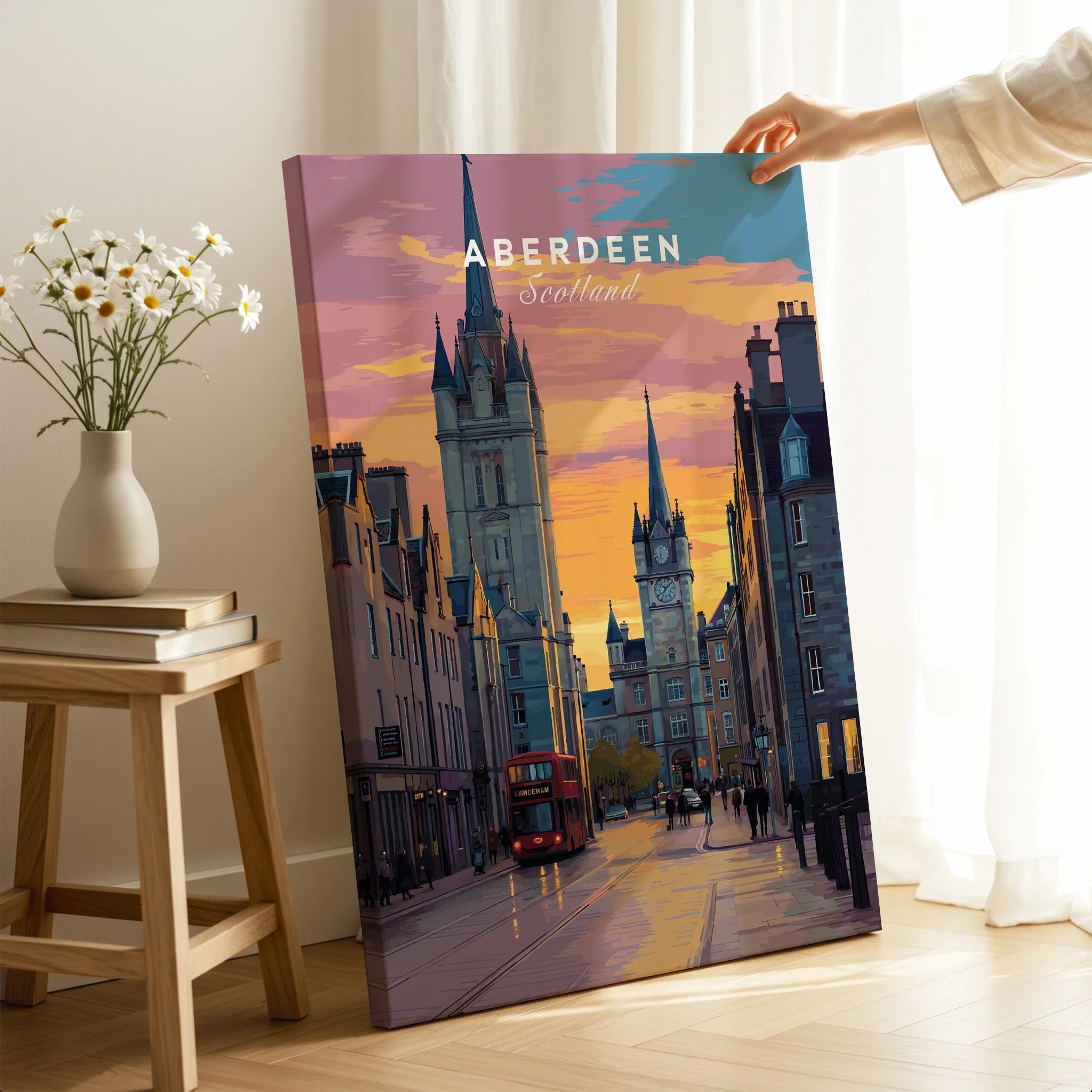 Aberdeen Scotland travel poster wall art with city skyline, red bus, and sunset, perfect for home decor.