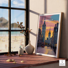 Aberdeen Scotland travel poster print with city skyline, red bus, and sunset, perfect for wall art decor