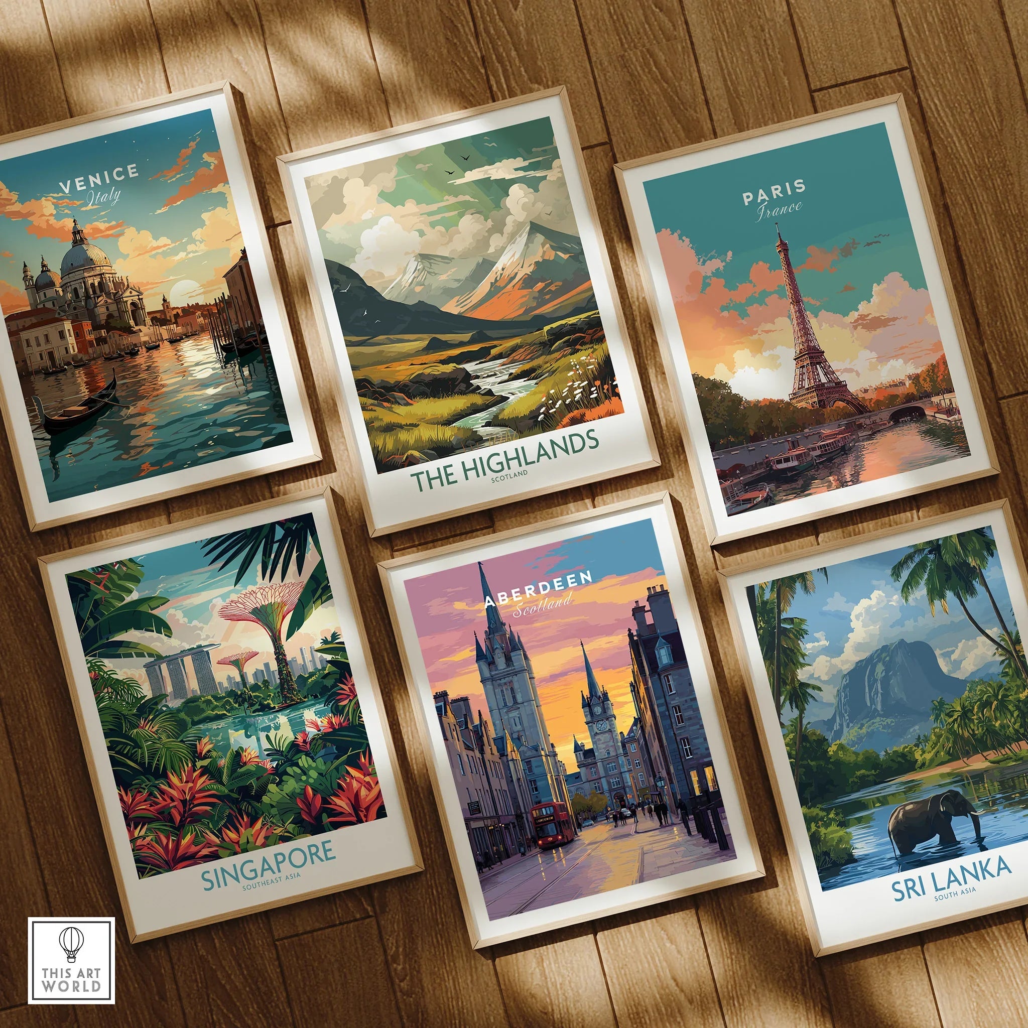 Framed travel posters of Venice, Paris, Highlands, Singapore, Aberdeen, Sri Lanka for wall art decor