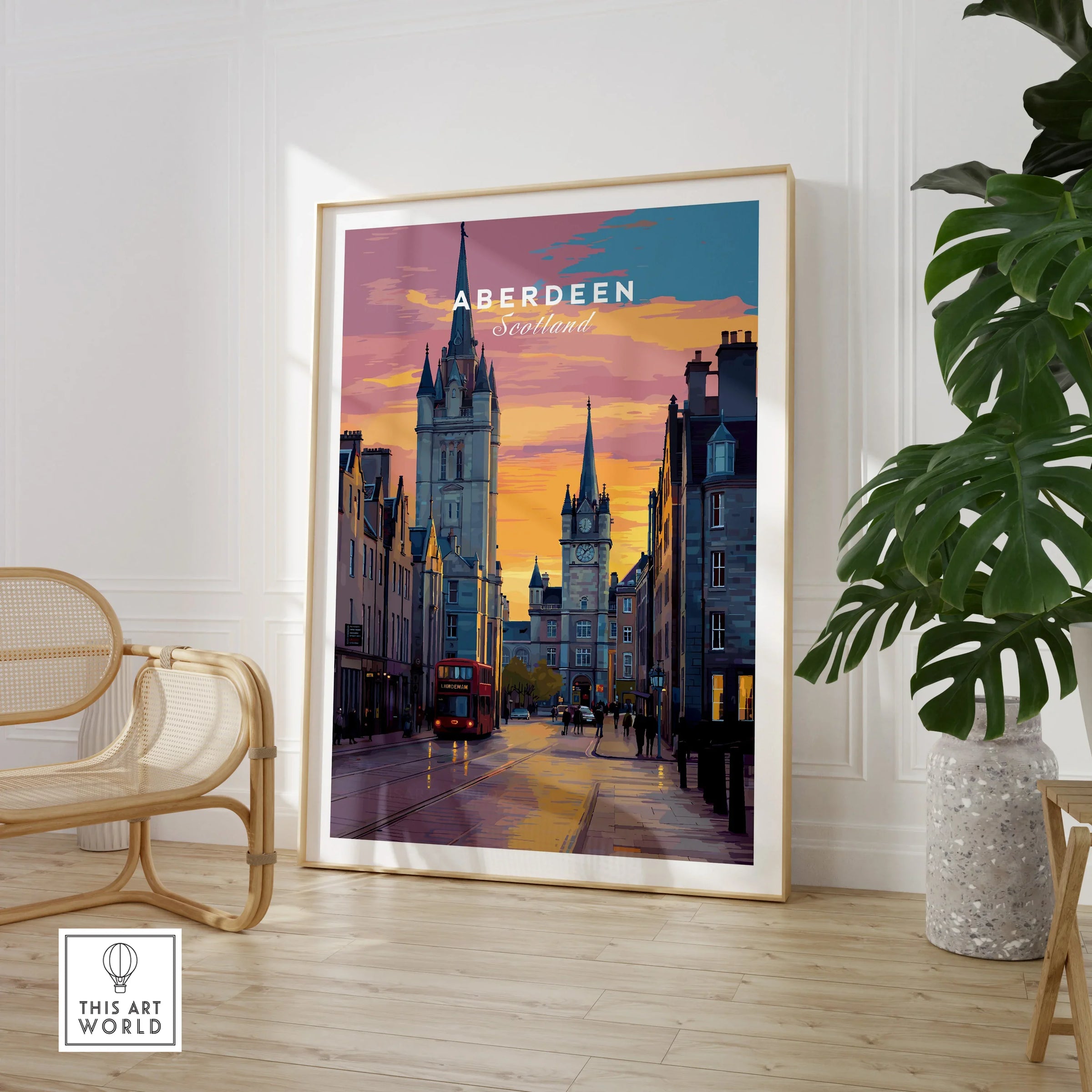 Aberdeen Scotland travel poster wall art with city skyline, red bus, and sunset, perfect for home decor.
