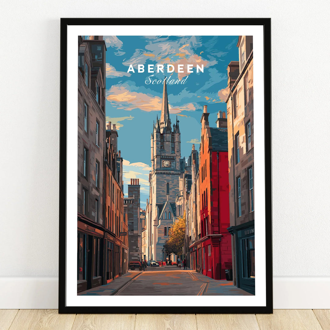 Aberdeen Scotland travel poster print with city skyline and historic street art for home decor